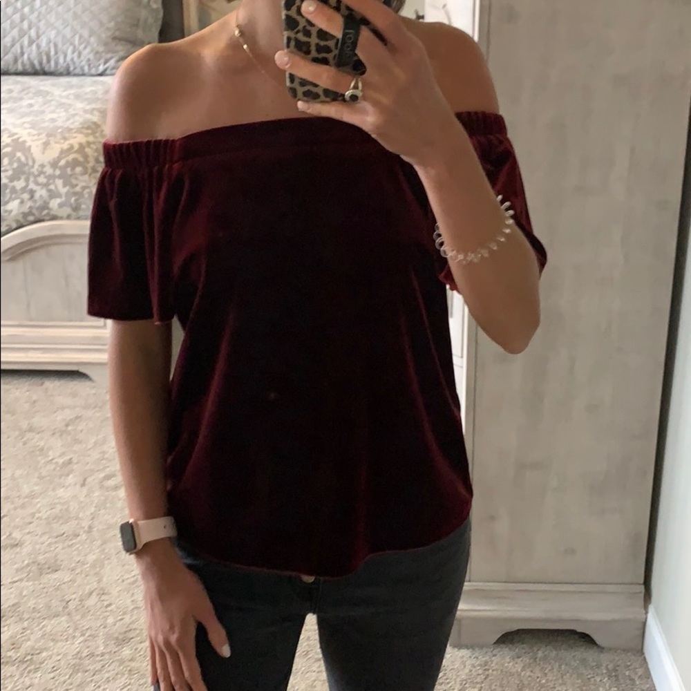 Off the shoulder red velvet top